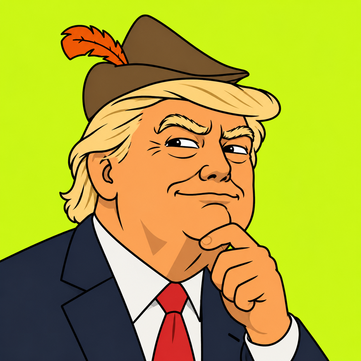 Cartoon TrumpHood character wearing an outlaw hat